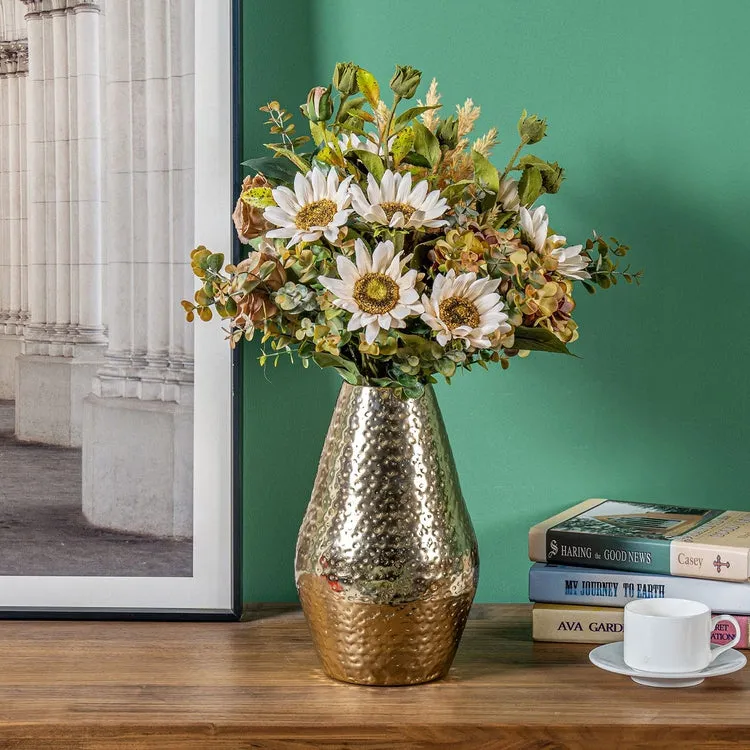 10 inch Tall Brass Tone Metal Flower Vase with Pebbled Texture, Hammered Centerpiece Holder for Floral Arrangements