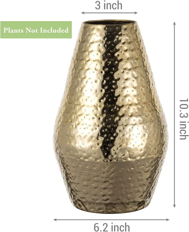 10 inch Tall Brass Tone Metal Flower Vase with Pebbled Texture, Hammered Centerpiece Holder for Floral Arrangements