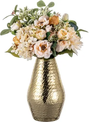 10 inch Tall Brass Tone Metal Flower Vase with Pebbled Texture, Hammered Centerpiece Holder for Floral Arrangements