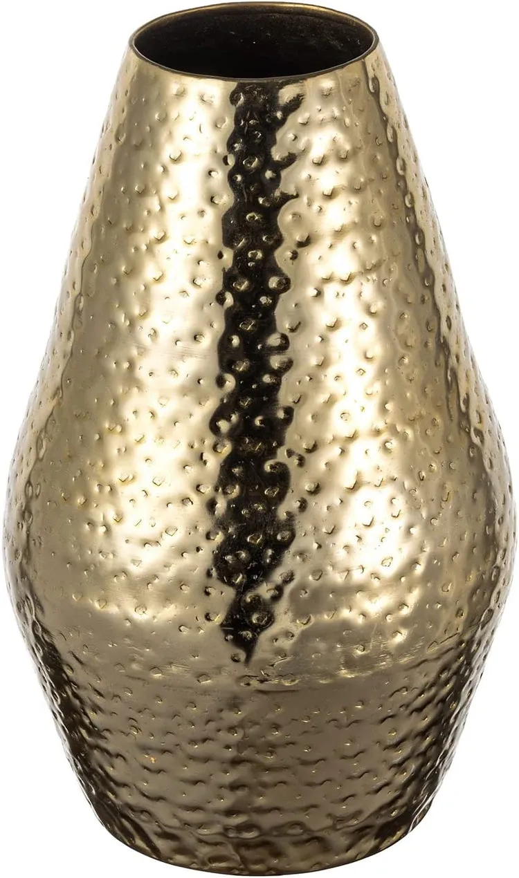 10 inch Tall Brass Tone Metal Flower Vase with Pebbled Texture, Hammered Centerpiece Holder for Floral Arrangements