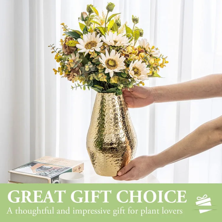 10 inch Tall Brass Tone Metal Flower Vase with Pebbled Texture, Hammered Centerpiece Holder for Floral Arrangements