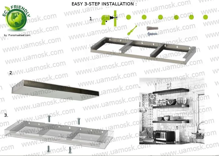 60"x8"x2.0" (cm.152x20x5.1) brushed stainless steel floating shelf