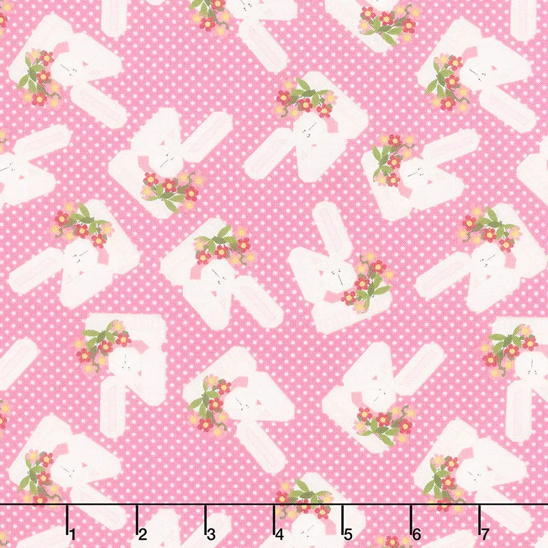 A Wooly Garden - Garden Bunnies Pink Yardage