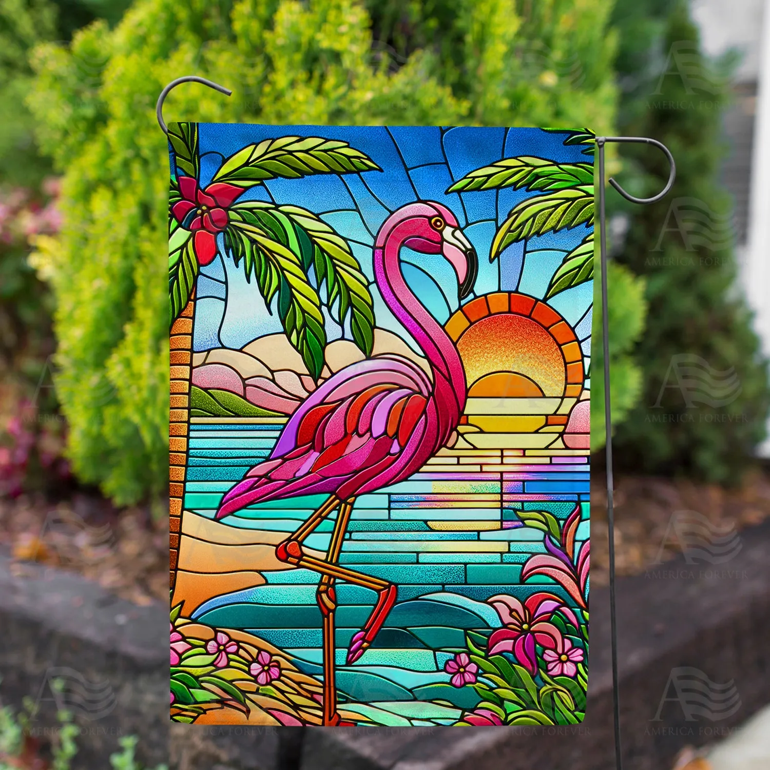 America Forever Tropical Flamingo Stained Glass Double Sided Garden Flag