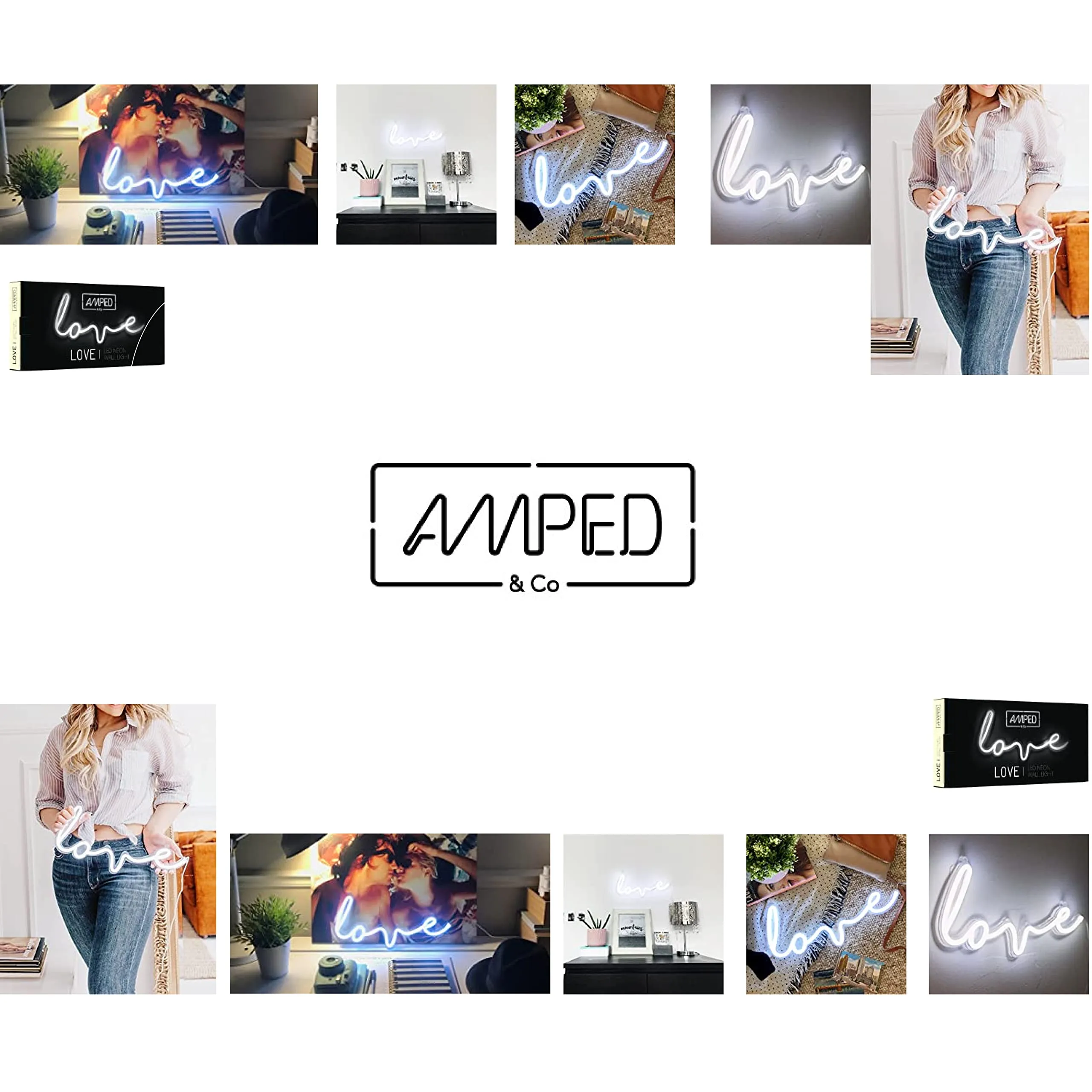 Amped & Co Love LED Neon Light, Wall Hanging Room Decor, White, 18x9 inches, 6.7 ft Clear