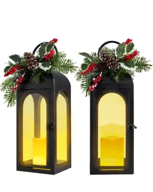 Bdor Christmas Lantern Decorative Candle Lantern 16 Inch Remote Vintage Set of 2 Christmas Decorations with Timer LED Metal Hanging Lantern for Home Outdoor Porch Decor Christmas Centerpieces Tables