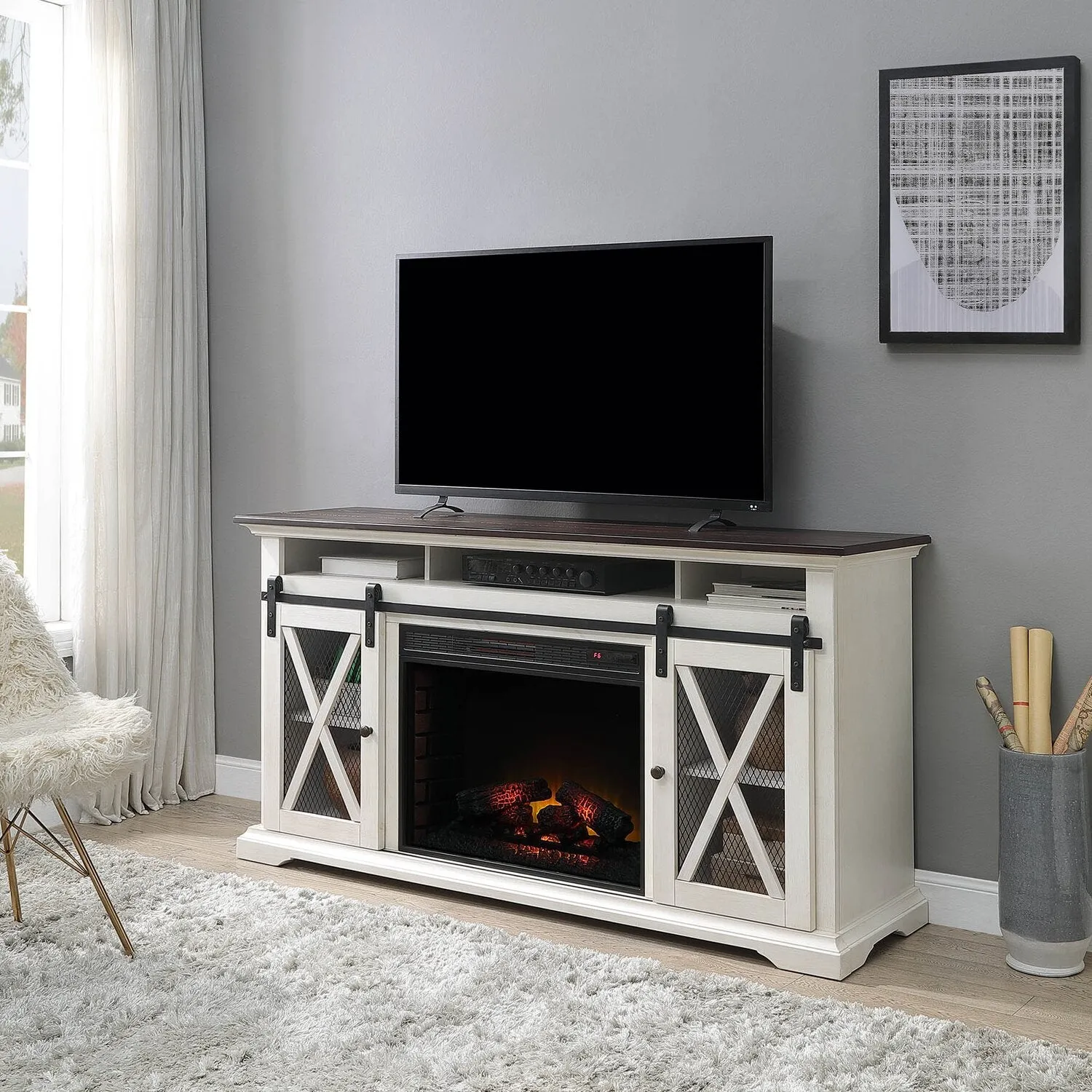 Bewster 69" TV Stand with Firebox - White