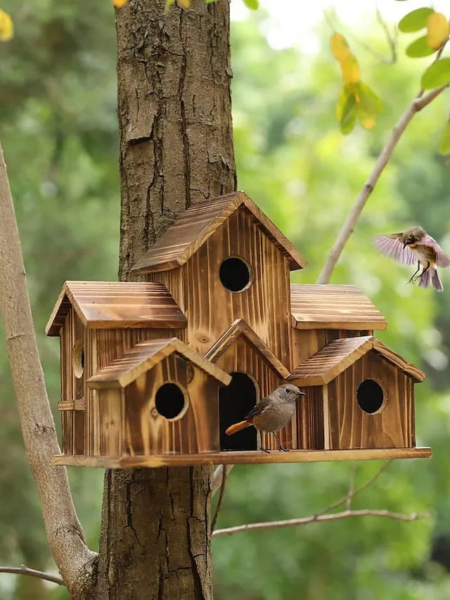 Bird House for Outside, 6 Holes Handmade Wooden Bird House, Retro Villa Style Large Bird House for Outside Birds, Backyard Patio Decorations