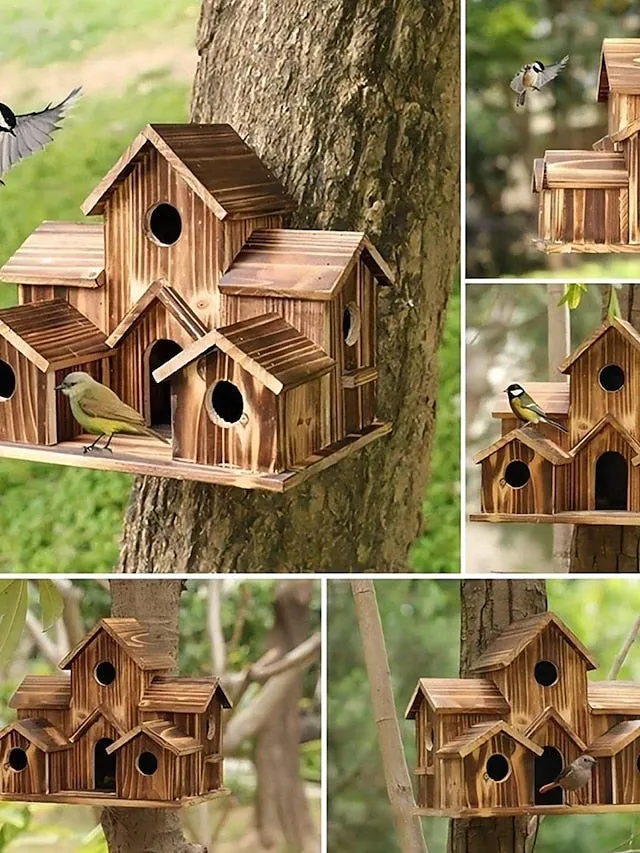 Bird House for Outside, 6 Holes Handmade Wooden Bird House, Retro Villa Style Large Bird House for Outside Birds, Backyard Patio Decorations