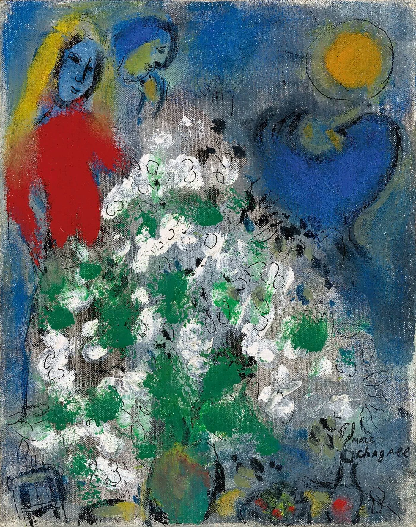 Blue Cock and White Bouquet (Coq bleu et bouquet blanc) - Marc Chagall