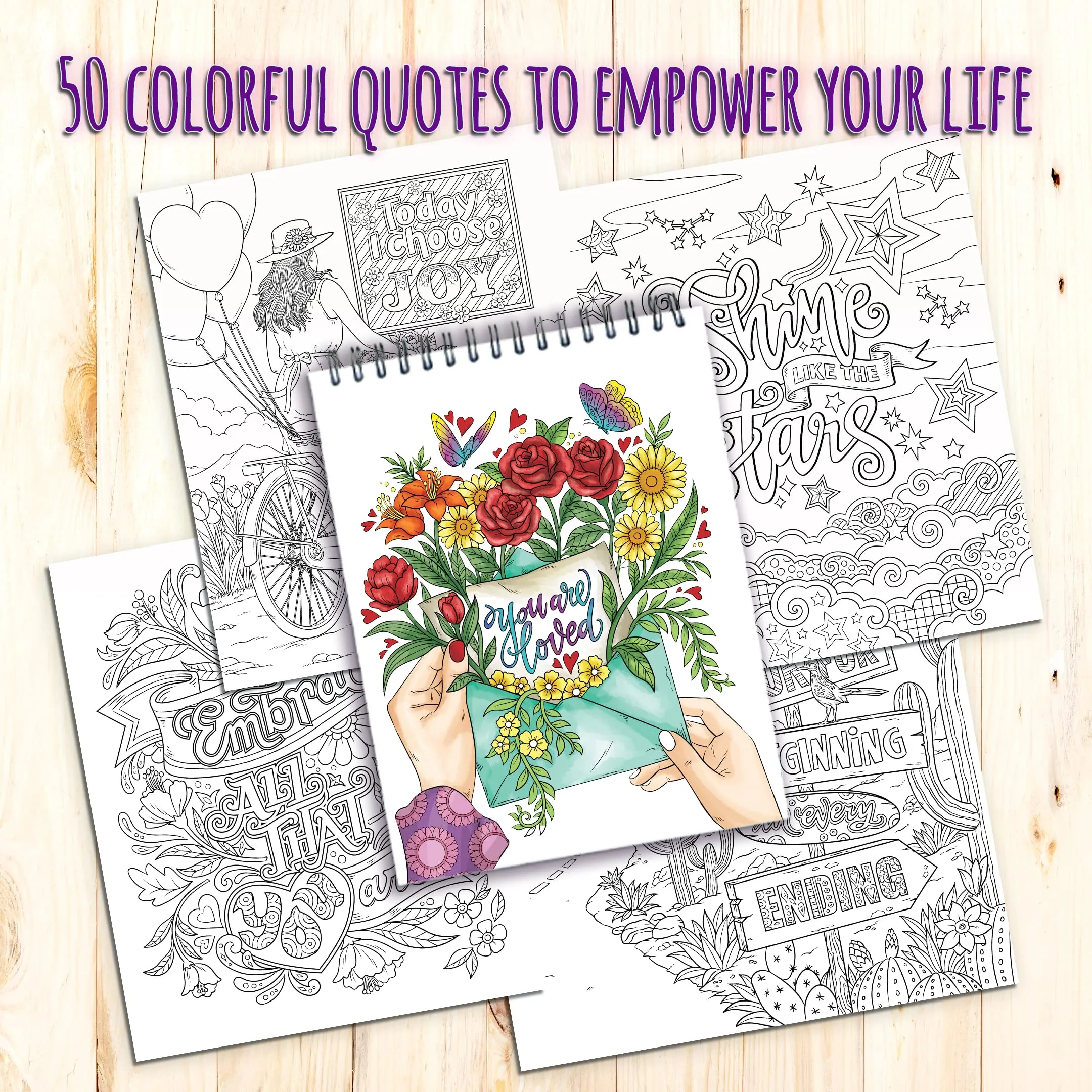Colors of Inspiration, Remarkable Women Adult Coloring Book Spiral Bound, 50 Empowering Quotes and Affirmations, Thick Paper, Perforated Paper, Lay Flat Hard Cover, Ink Blotter
