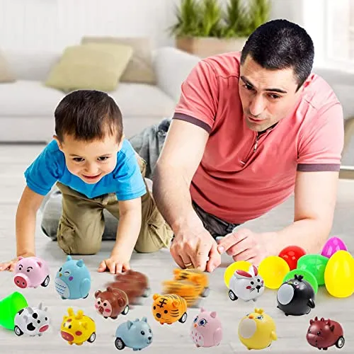 Dokeawo Easter Eggs Filled with Toys, 10Pcs Easter Eggs with 10Pcs Mini Pull-back Car Toys for Easter Egg Hunt, Easter Gifts for Kids, Easter Basket Stuffers for Kids
