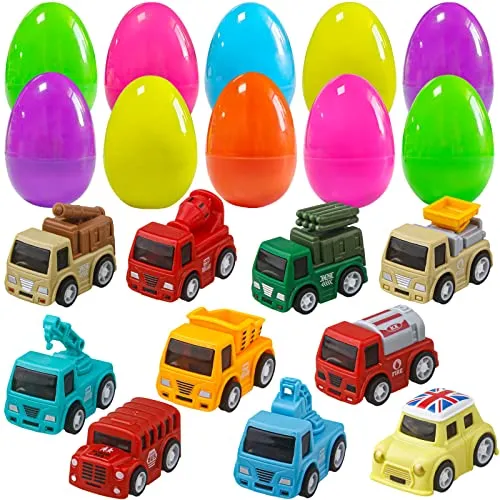 Dokeawo Easter Eggs Filled with Toys, 10Pcs Easter Eggs with 10Pcs Mini Pull-back Car Toys for Easter Egg Hunt, Easter Gifts for Kids, Easter Basket Stuffers for Kids
