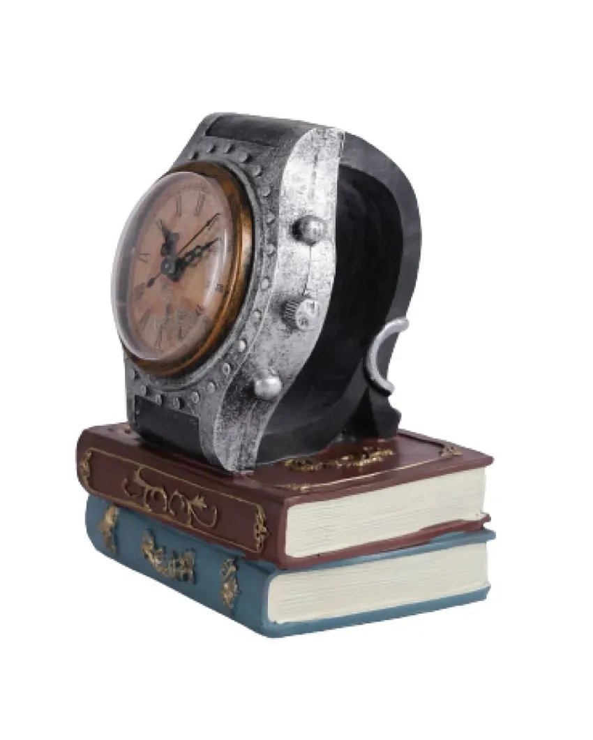Elegant Brown Clock & Books Tabletop Showpiece | 5 x 4 x 7 inches
