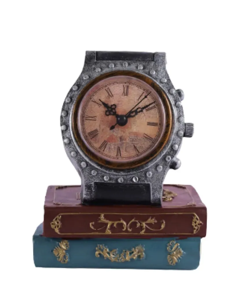 Elegant Brown Clock & Books Tabletop Showpiece | 5 x 4 x 7 inches