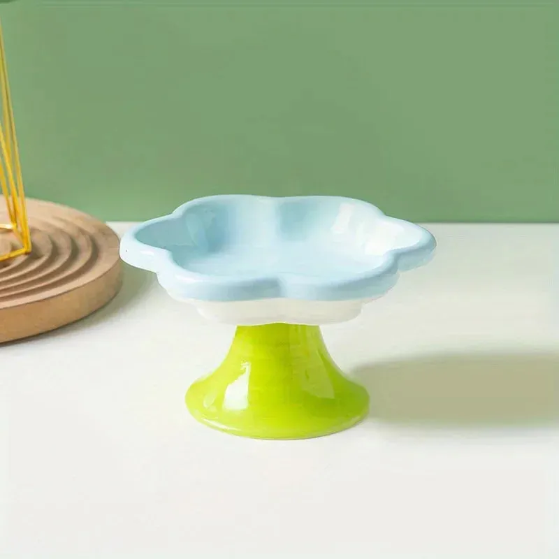 Elevated Ceramic Cat Bowl with Flower Design - Protects Your Cat's Neck