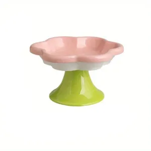 Elevated Ceramic Cat Bowl with Flower Design - Protects Your Cat's Neck