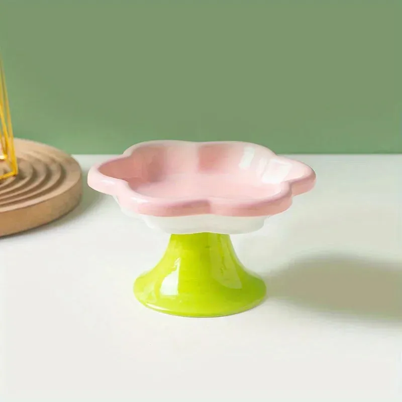 Elevated Ceramic Cat Bowl with Flower Design - Protects Your Cat's Neck
