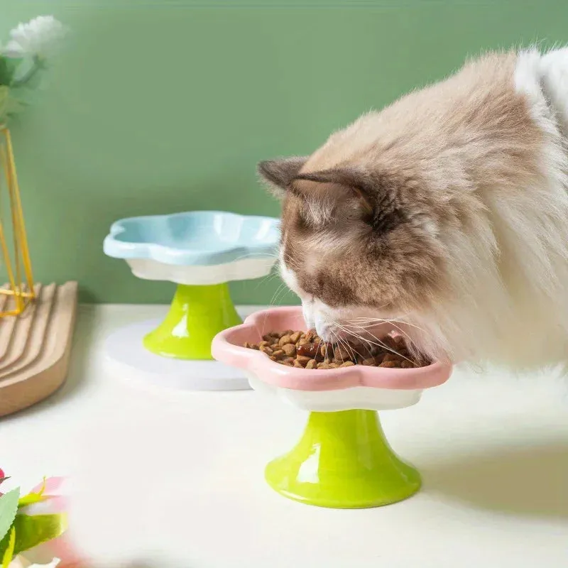Elevated Ceramic Cat Bowl with Flower Design - Protects Your Cat's Neck