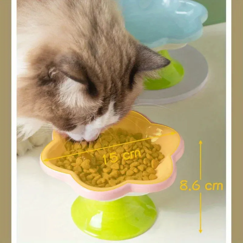 Elevated Ceramic Cat Bowl with Flower Design - Protects Your Cat's Neck