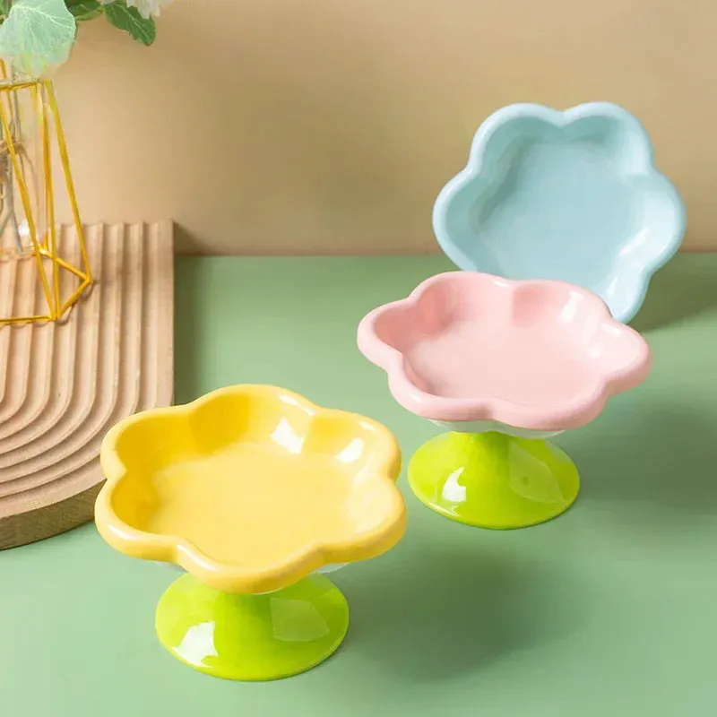 Elevated Ceramic Cat Bowl with Flower Design - Protects Your Cat's Neck