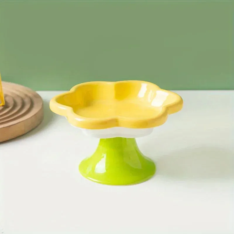 Elevated Ceramic Cat Bowl with Flower Design - Protects Your Cat's Neck