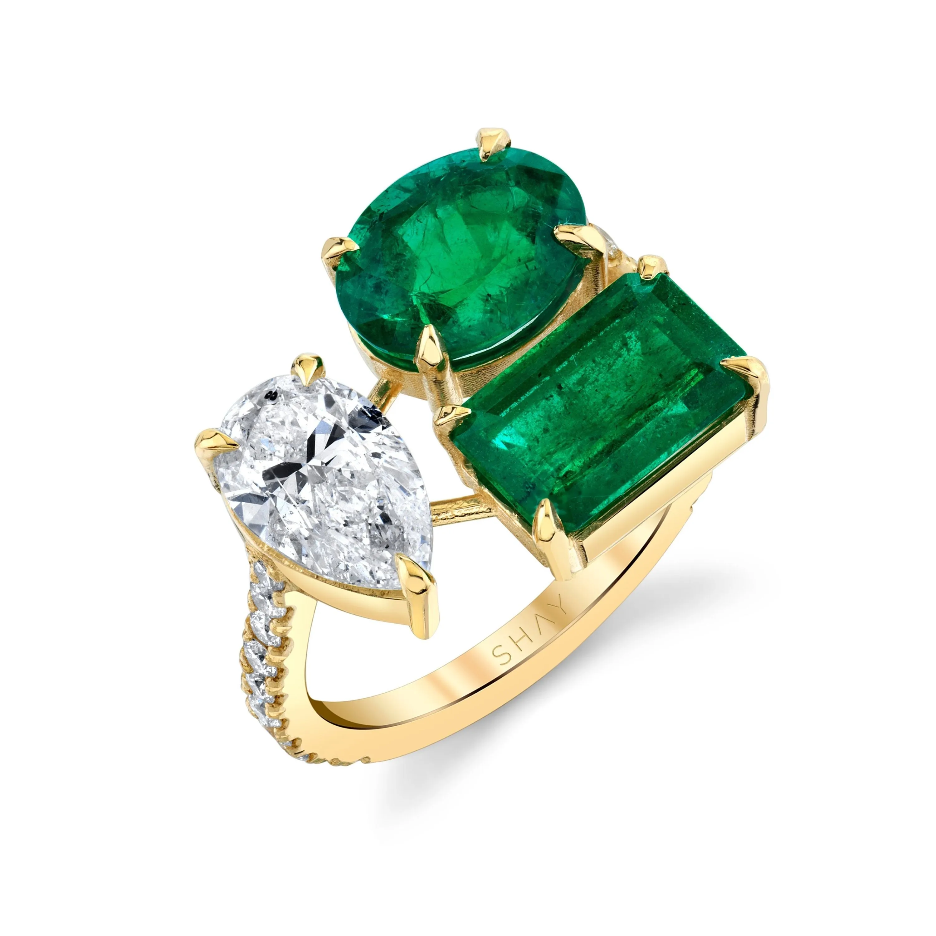 EMERALD & DIAMOND PEAR TRIPLE THREAT RING