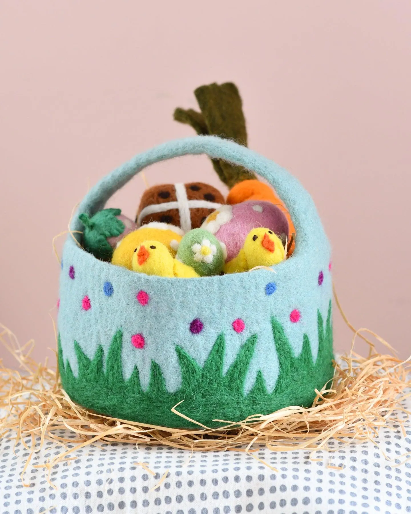 Felt Blue Basket with Colourful Dots