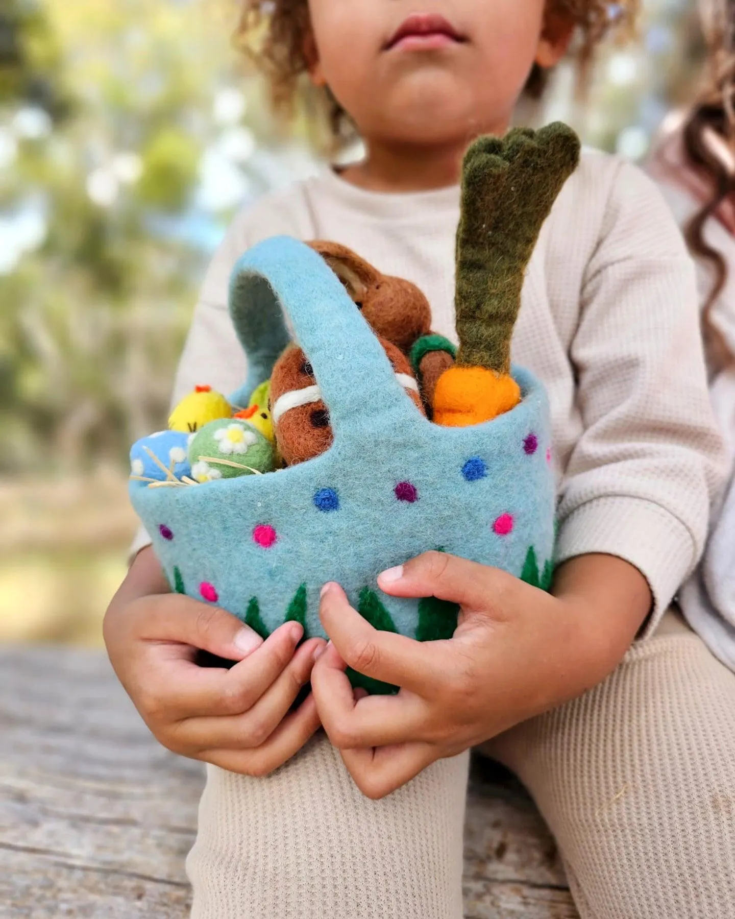 Felt Blue Basket with Colourful Dots