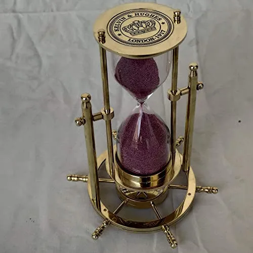 Handcrafted Hourglass Brass Sand Timer Antique Finish Nautical Pink Sand Timer with Wheel Compass Base for Home & Office Desk Decor (5min)