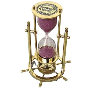 Handcrafted Hourglass Brass Sand Timer Antique Finish Nautical Pink Sand Timer with Wheel Compass Base for Home & Office Desk Decor (5min)