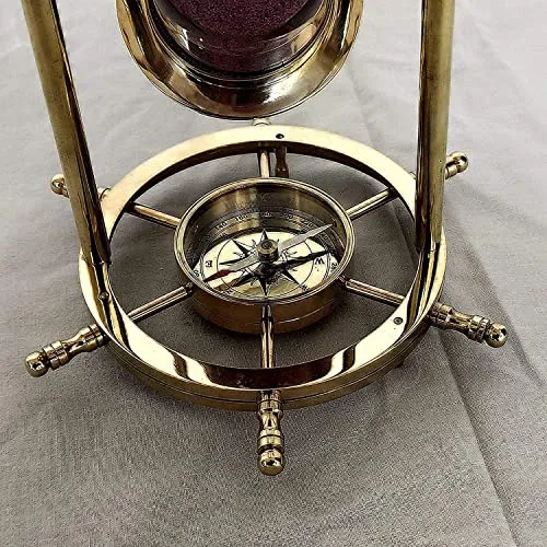 Handcrafted Hourglass Brass Sand Timer Antique Finish Nautical Pink Sand Timer with Wheel Compass Base for Home & Office Desk Decor (5min)