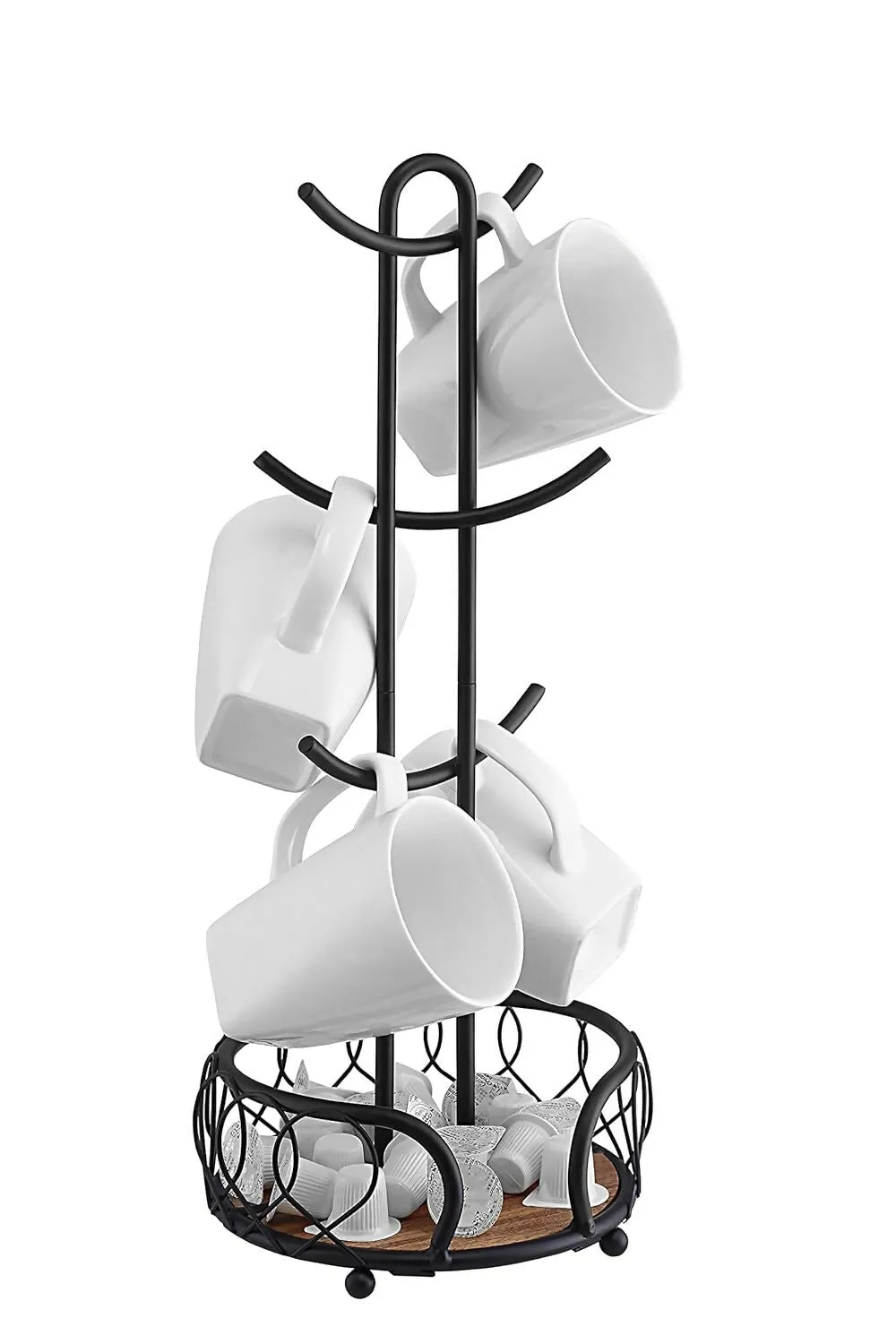 Heavy Wire Gauge 6 Mug Tree with Storage Rack (Matte Black)