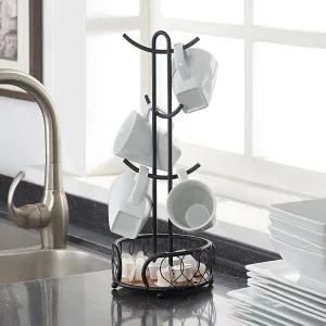 Heavy Wire Gauge 6 Mug Tree with Storage Rack (Matte Black)