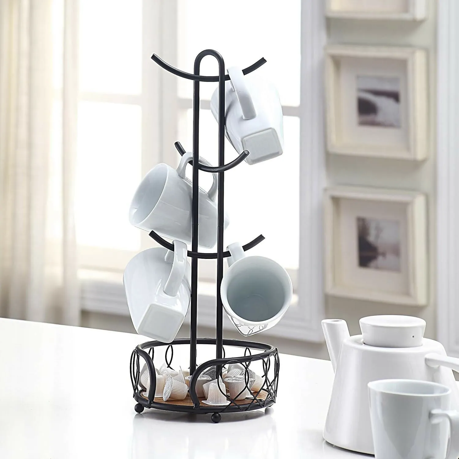 Heavy Wire Gauge 6 Mug Tree with Storage Rack (Matte Black)