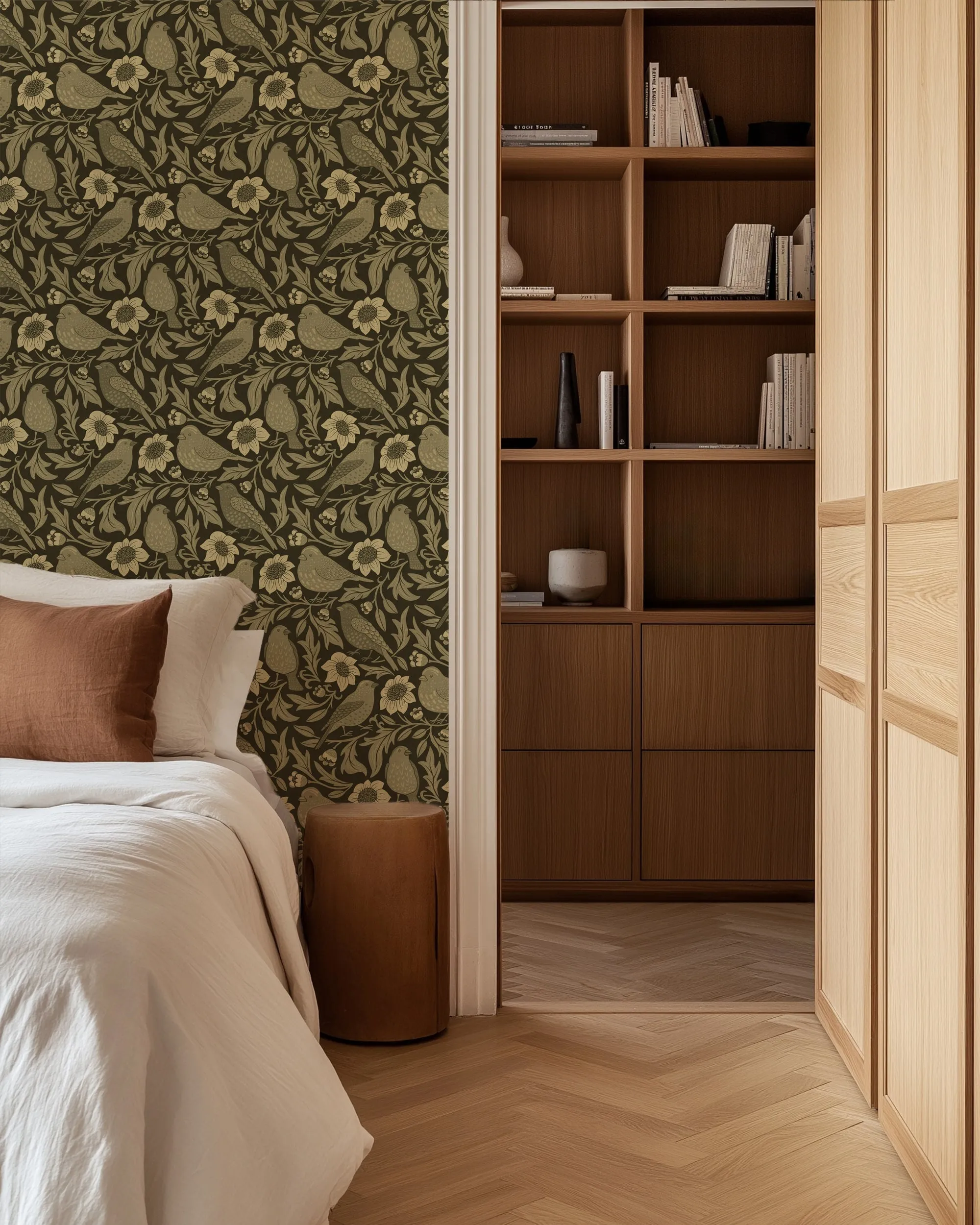 Heritage Birds & Wildflowers – Olive Green Botanical Wallpaper