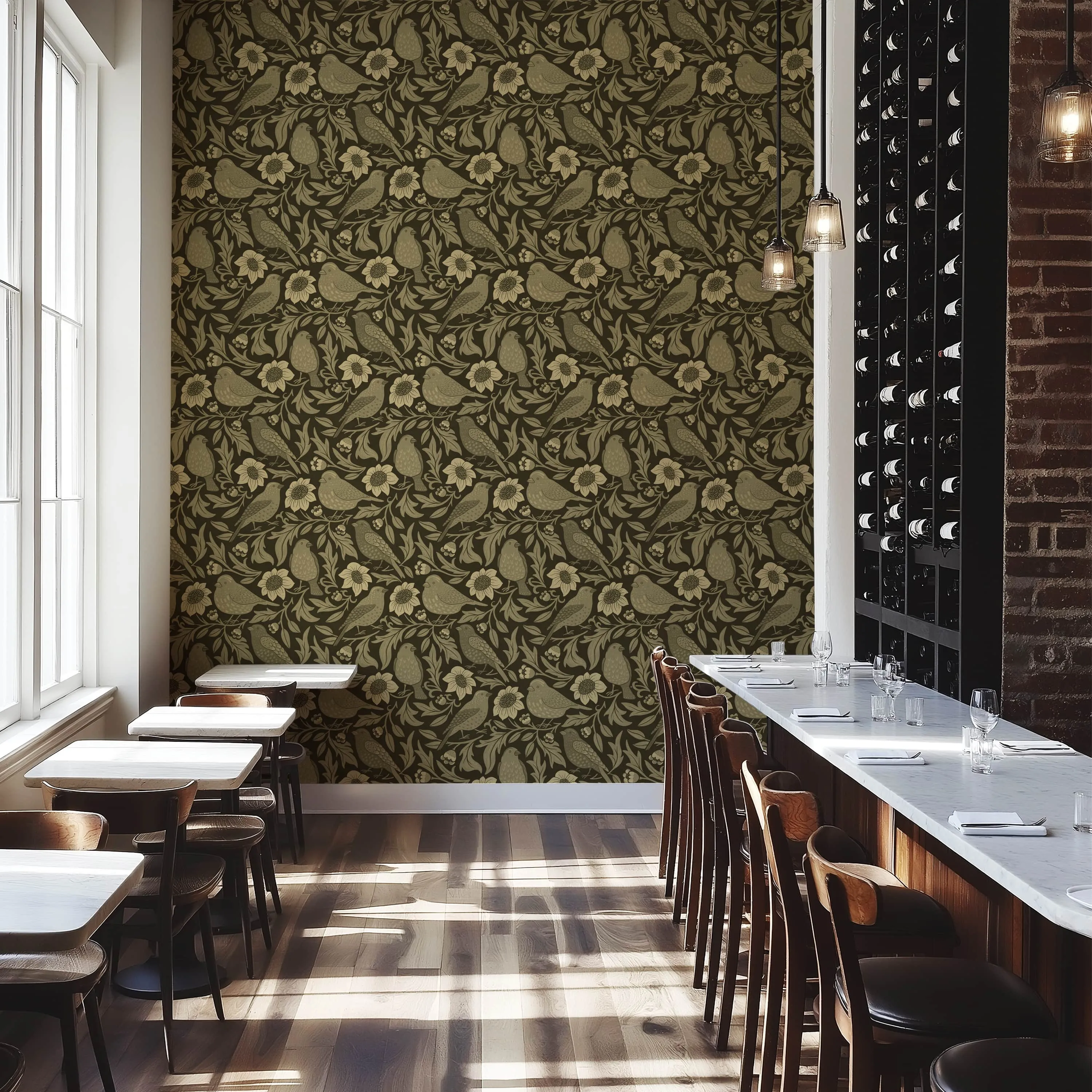 Heritage Birds & Wildflowers – Olive Green Botanical Wallpaper