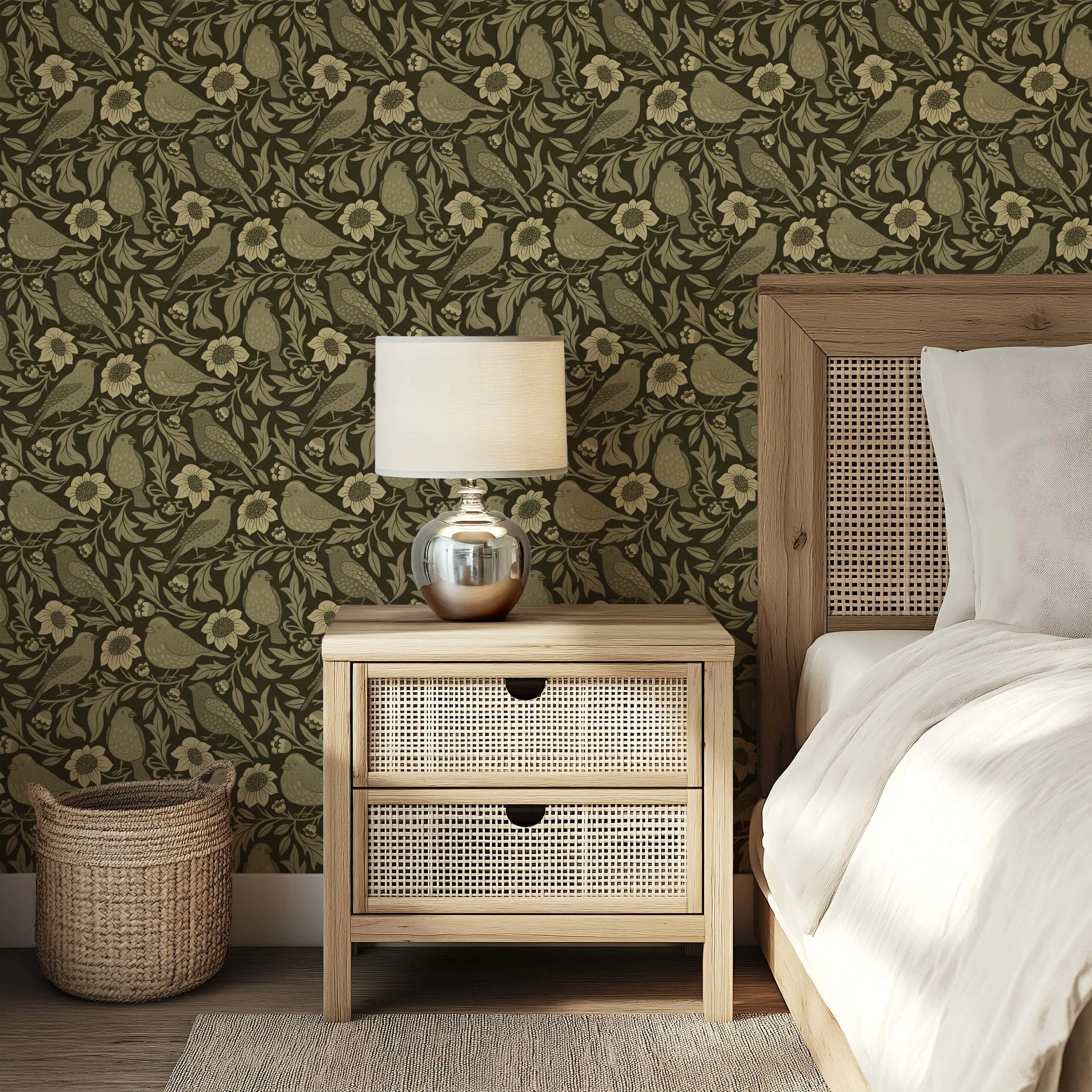Heritage Birds & Wildflowers – Olive Green Botanical Wallpaper