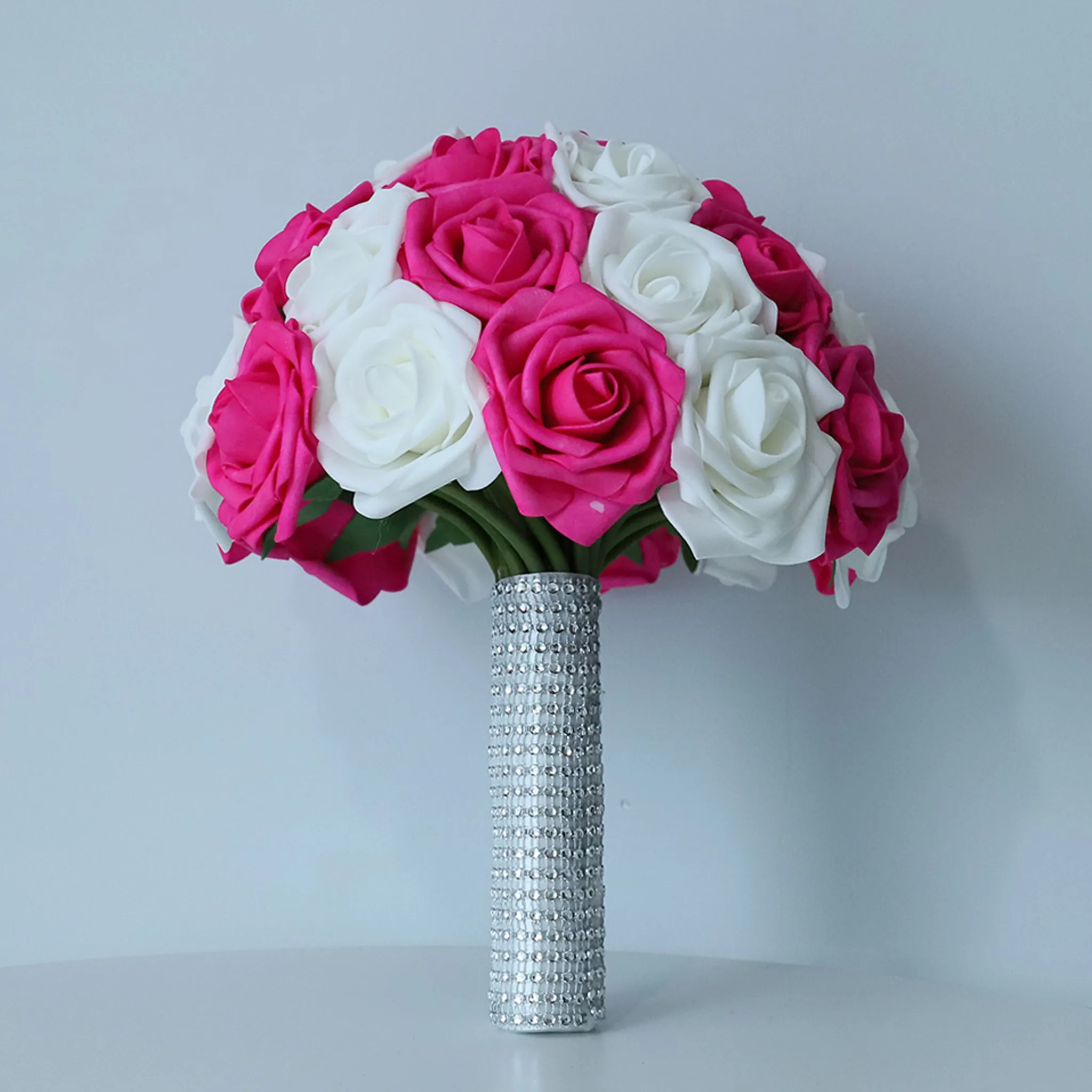 Hot Pink White Rose Wedding Bouquet Set