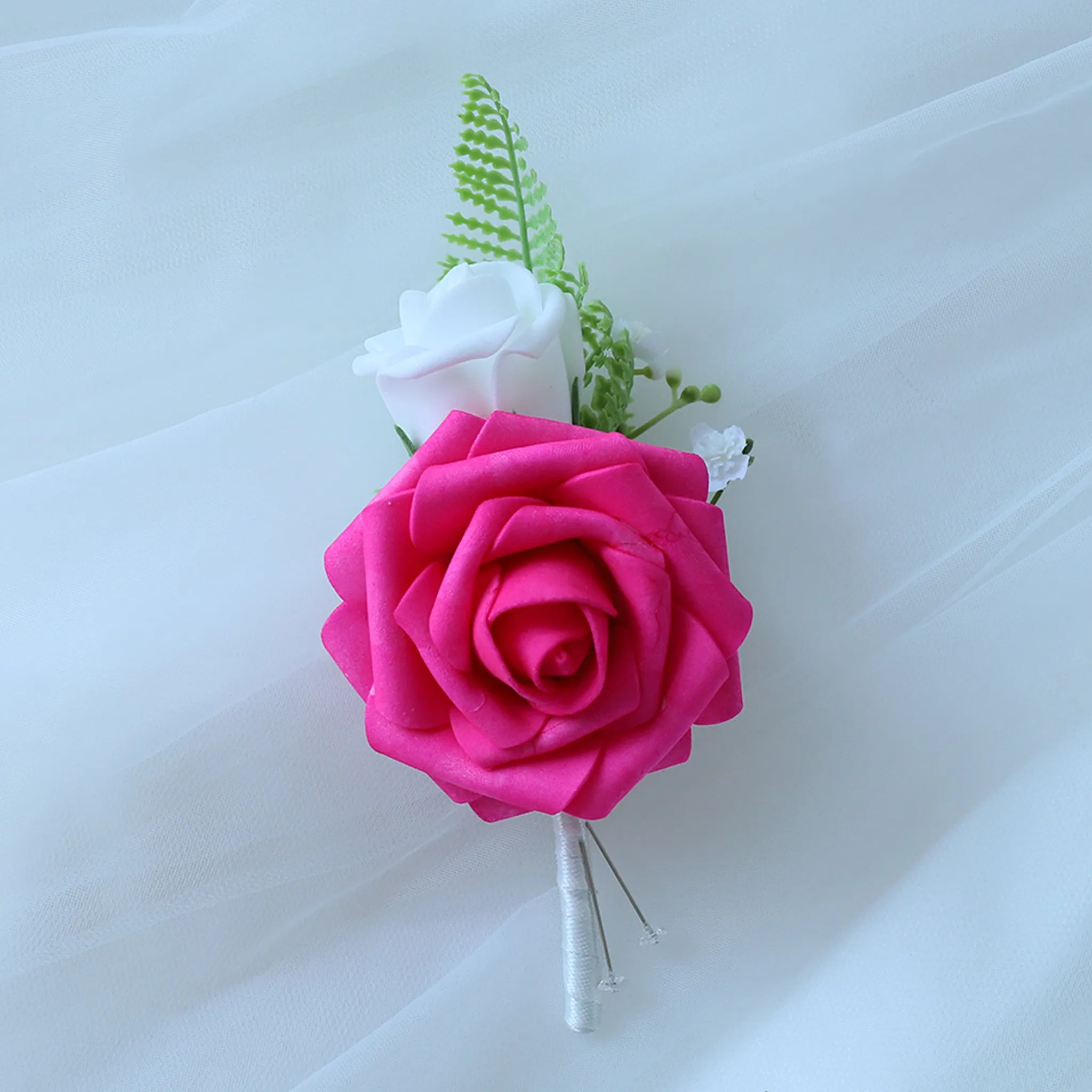 Hot Pink White Rose Wedding Bouquet Set