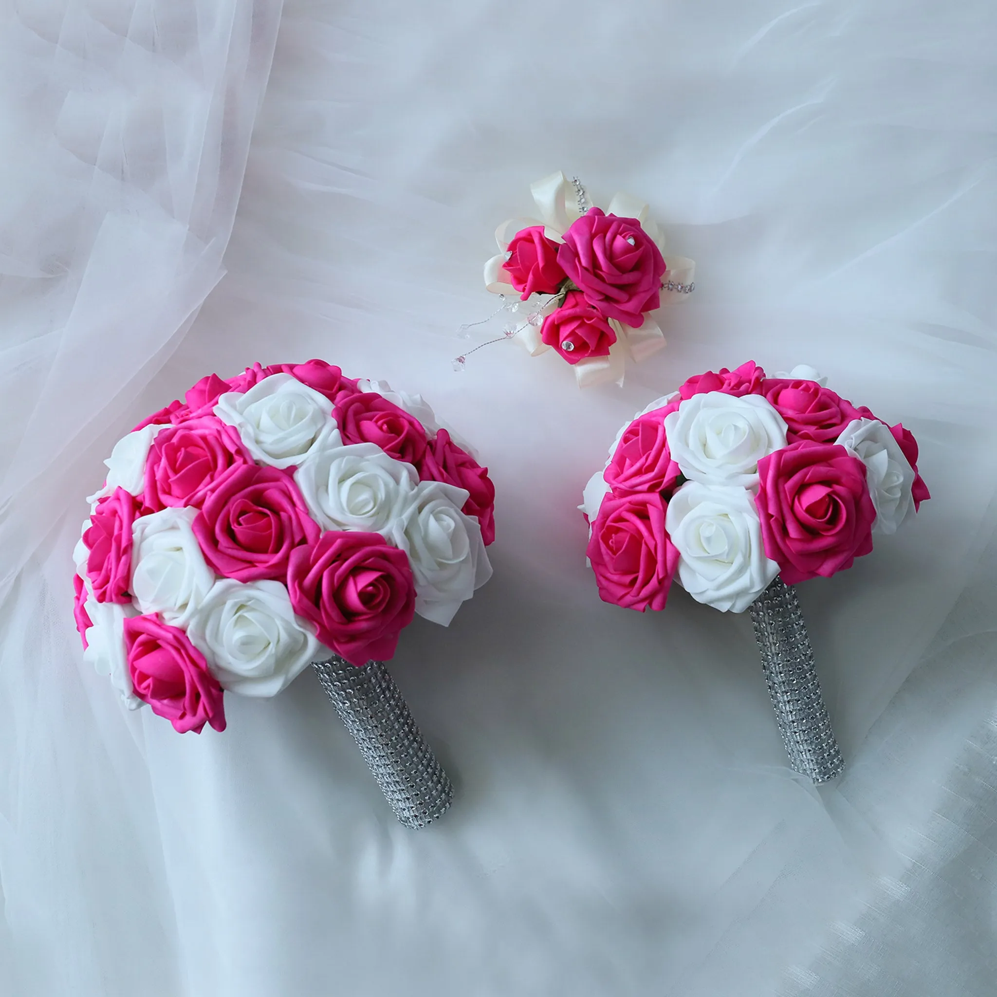 Hot Pink White Rose Wedding Bouquet Set
