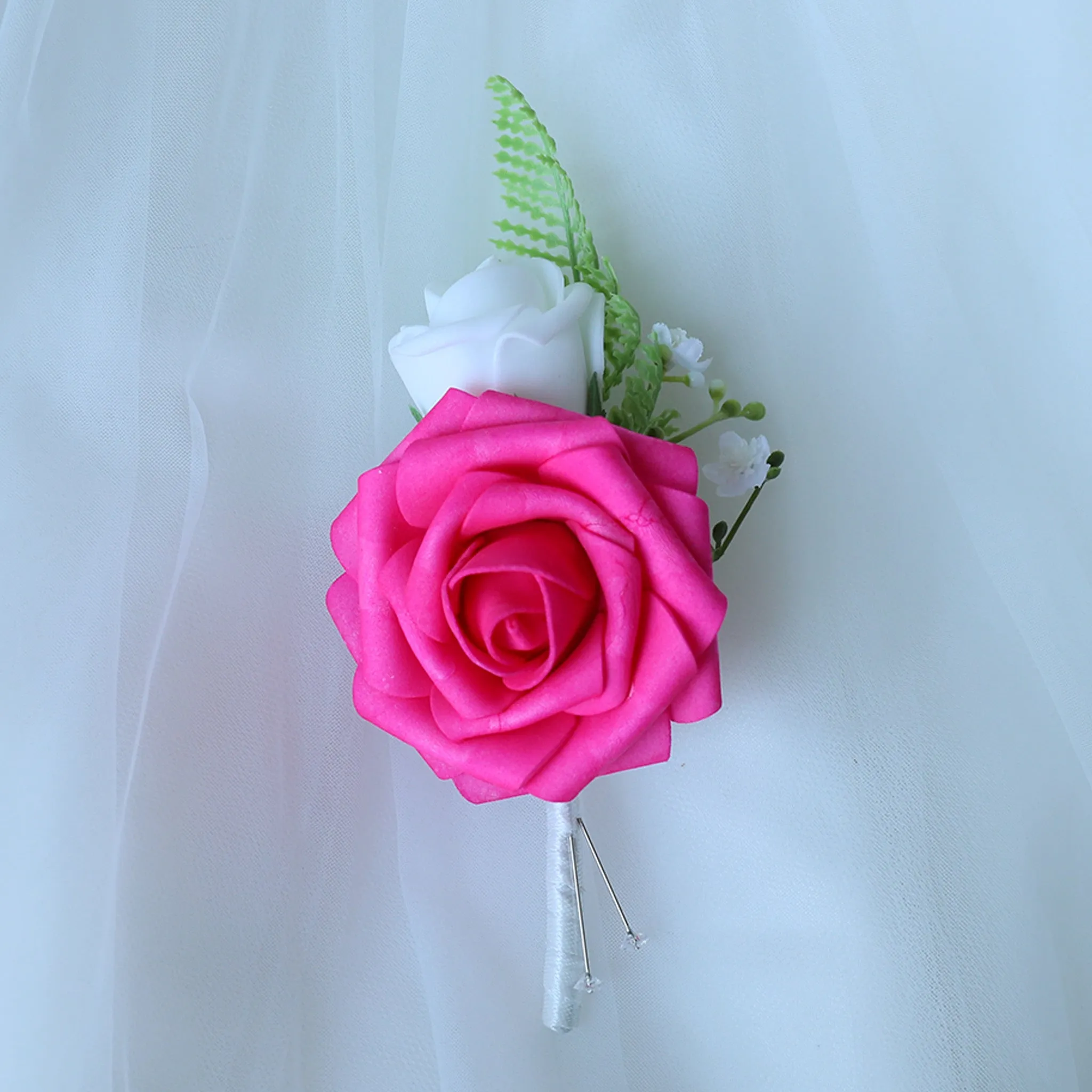 Hot Pink White Rose Wedding Bouquet Set