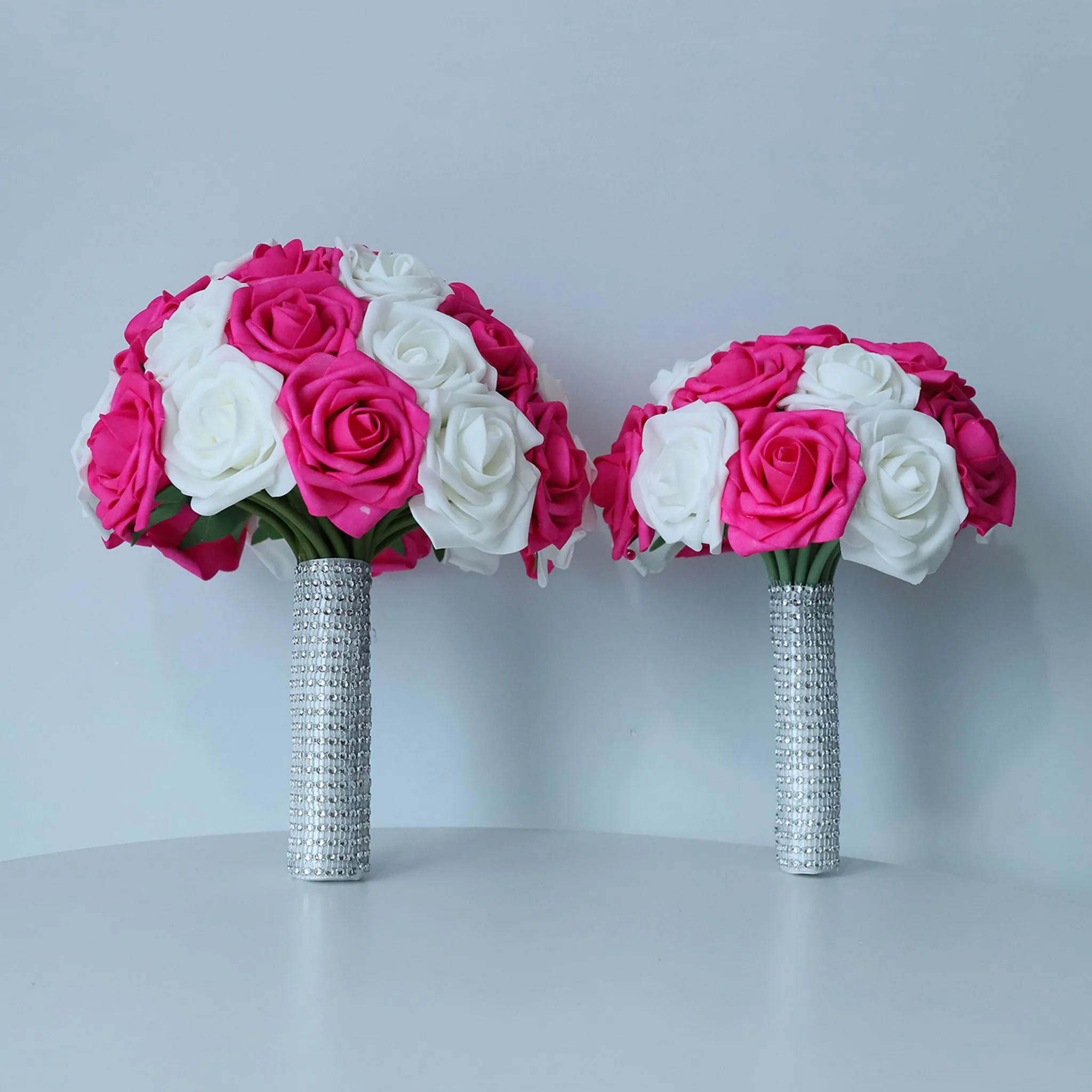 Hot Pink White Rose Wedding Bouquet Set
