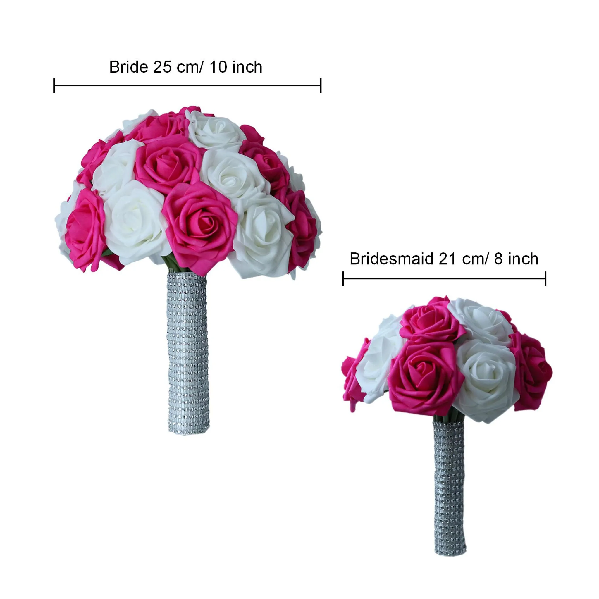 Hot Pink White Rose Wedding Bouquet Set