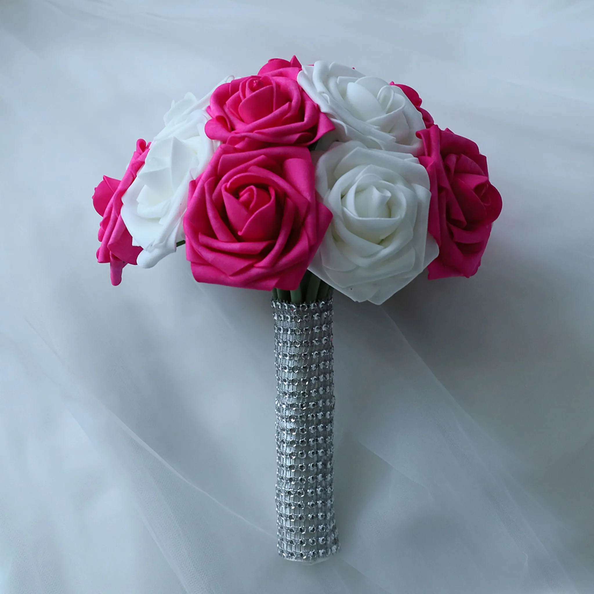 Hot Pink White Rose Wedding Bouquet Set