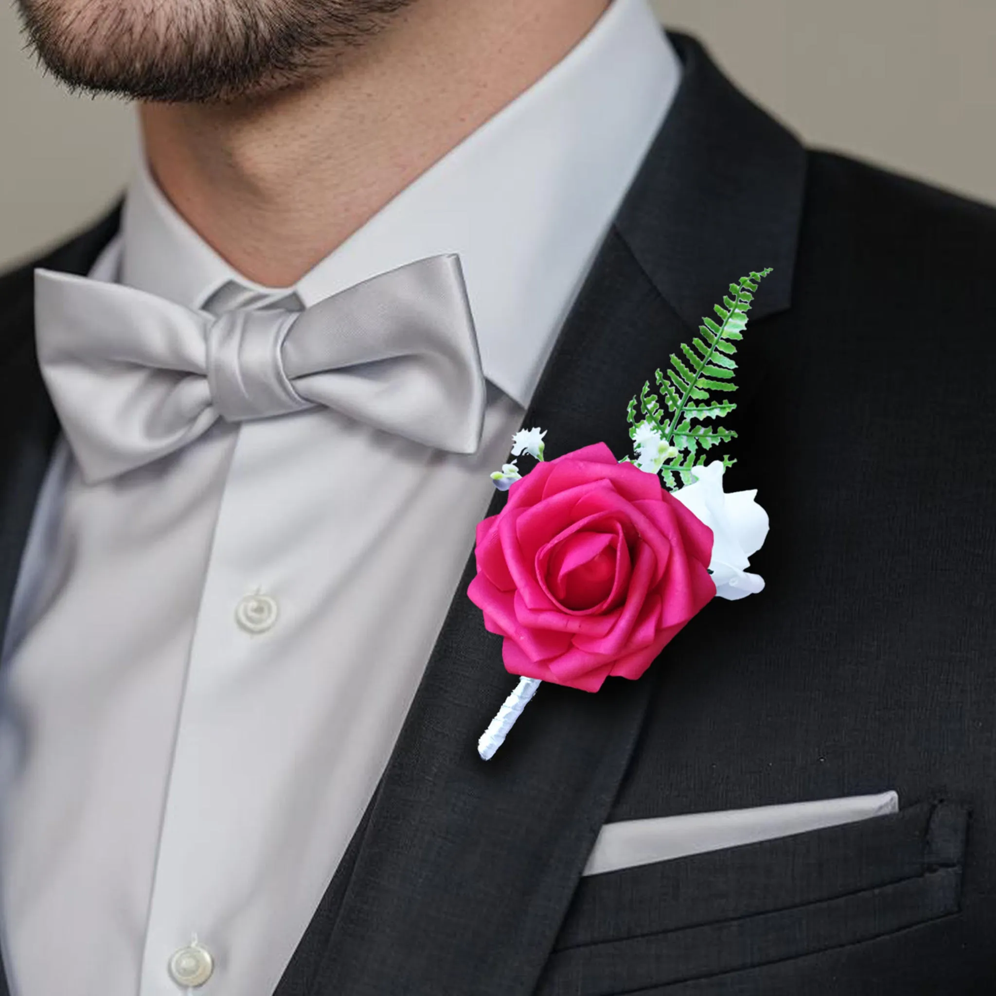 Hot Pink White Rose Wedding Bouquet Set