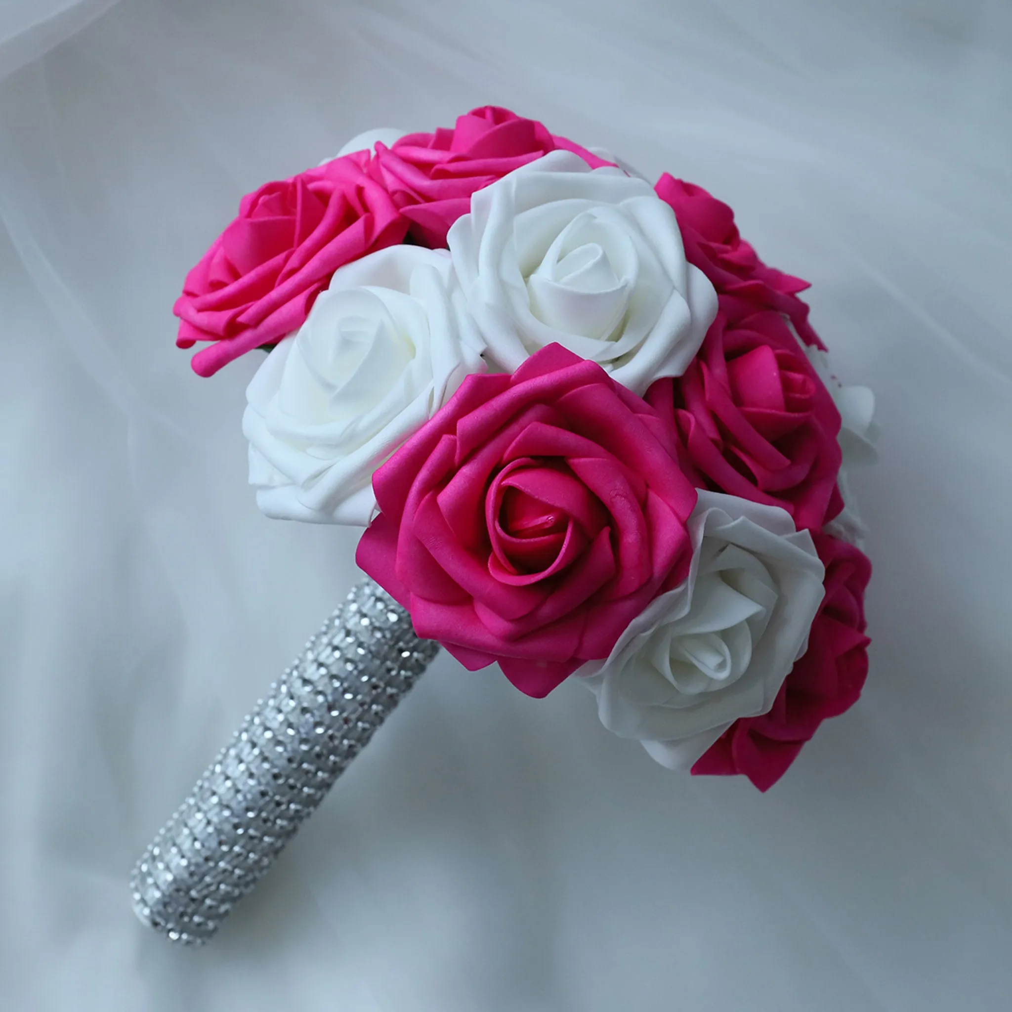 Hot Pink White Rose Wedding Bouquet Set