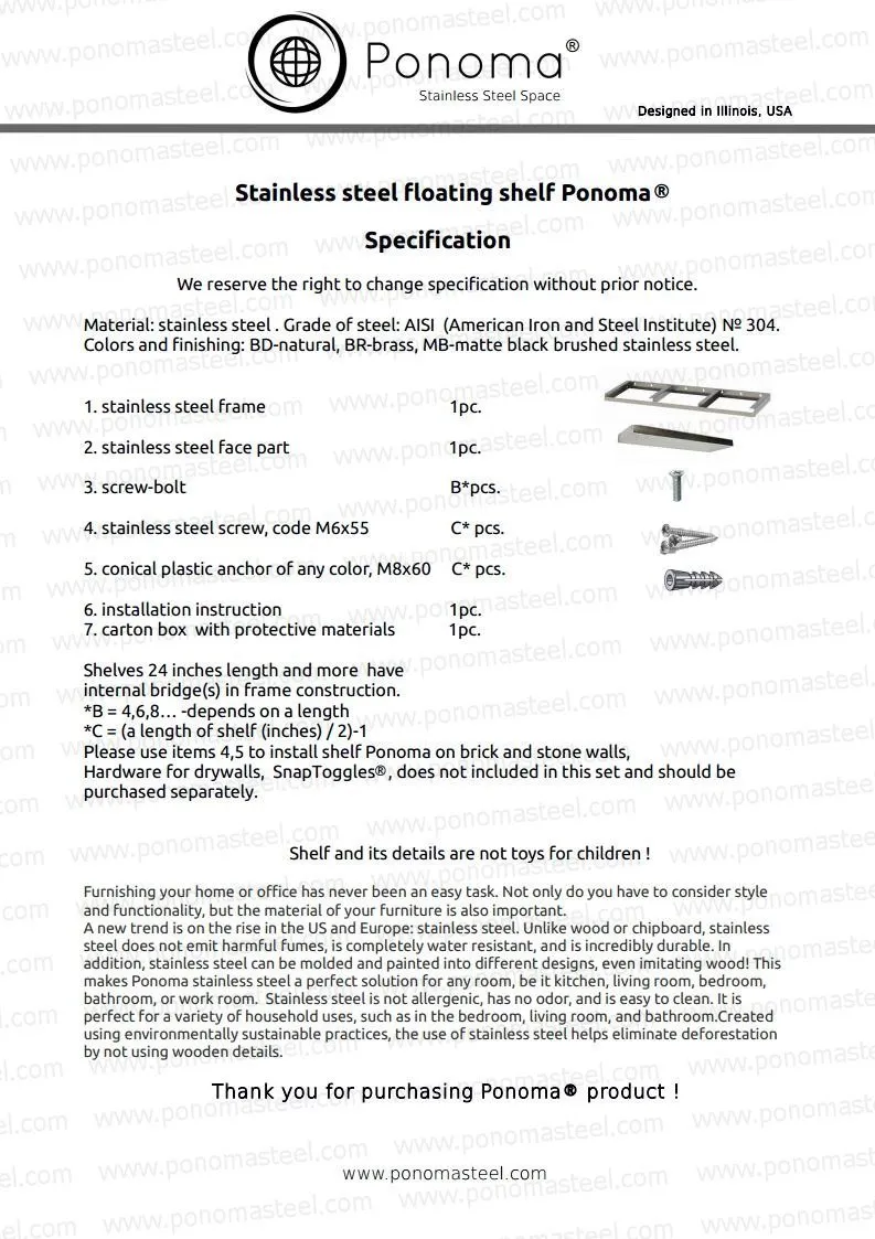 Metal shelves 48"- 52" (cm. 122 - 132) made-to-order Ponoma®