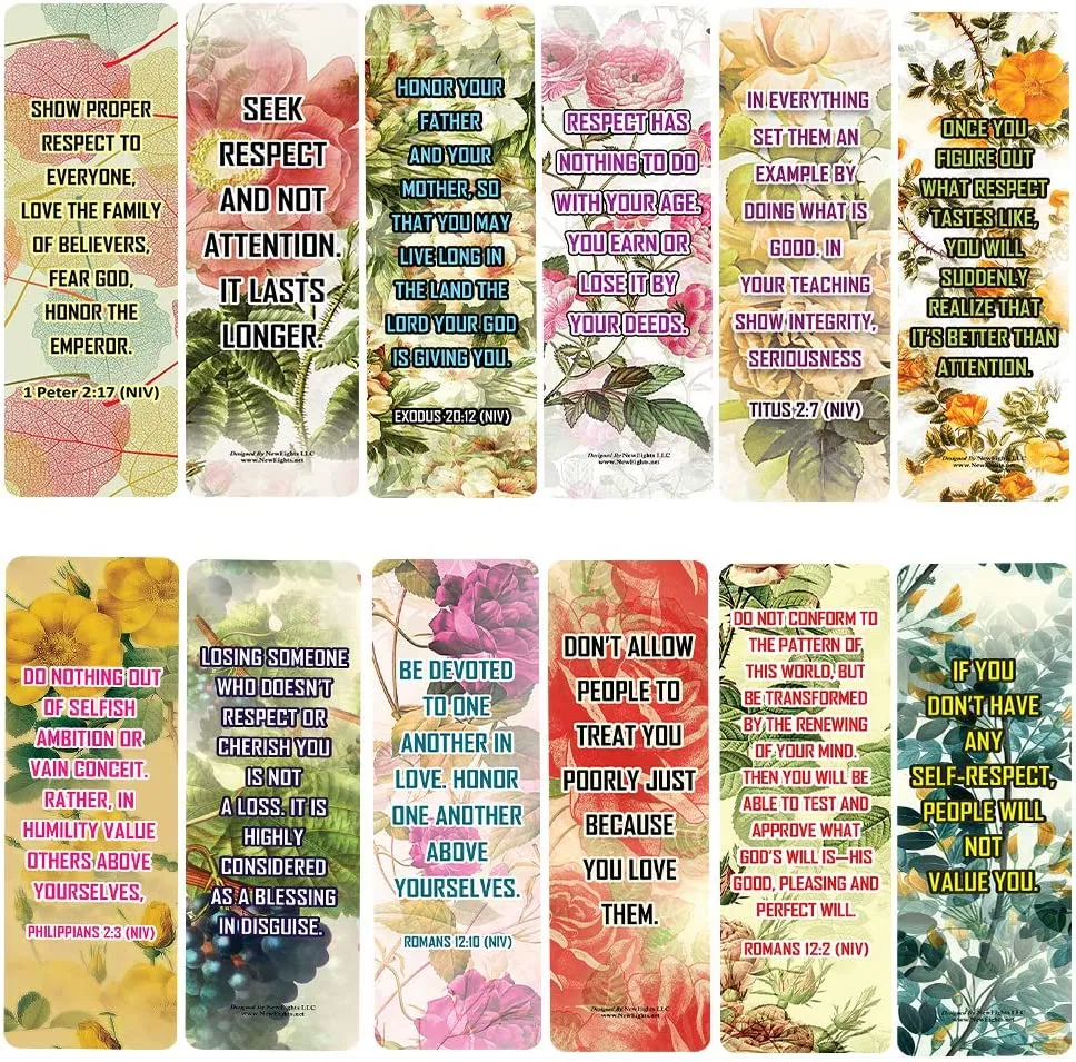 NewEights Famous Verses and Quotes on Respect (12-Pack) – Daily Motivational Card Set – Collection Set Book Page Clippers – Ideal for Church Events