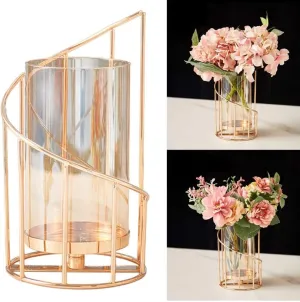 Next In Crafts Metal Geometric Designer Gold Pillar Flower Vase with Removable Glass Modern Design Decorative for Table Top (Pack of 1)